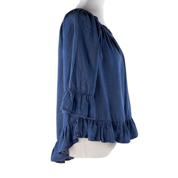 Jane And Delany Blue Denim Off Shoulder High Low 3/4 Bell Sleeve Top Womens M - Picture 5 of 10